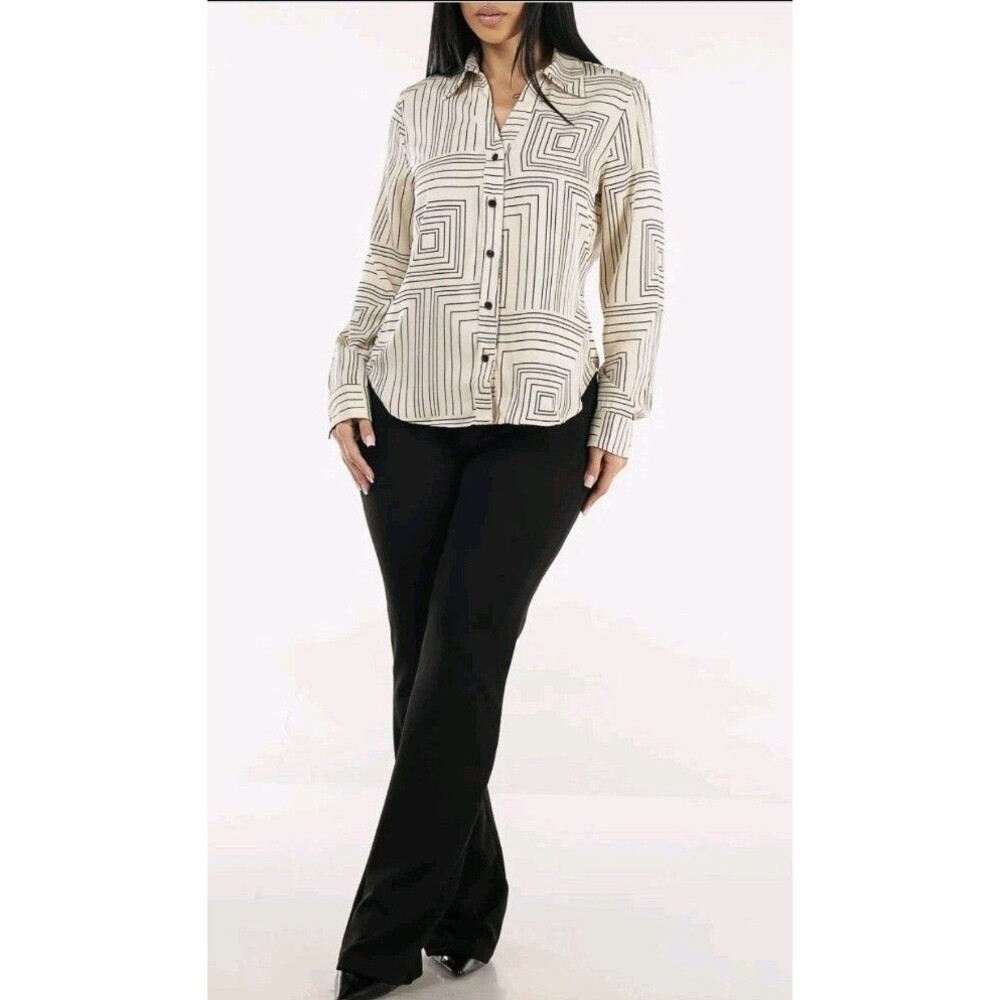 H&M Women's Blouse Size XS Long Sleeves Print Geometric Open Front Beige Casual